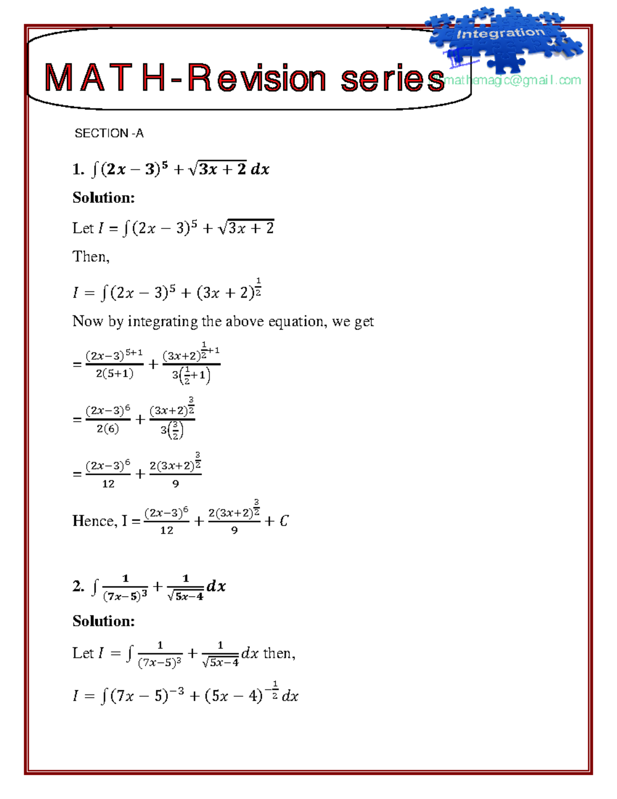 Integration-3 - Integration summary questions - 1. ∫(𝟐𝒙 − 𝟑) 𝟓 + √𝟑𝒙 ...
