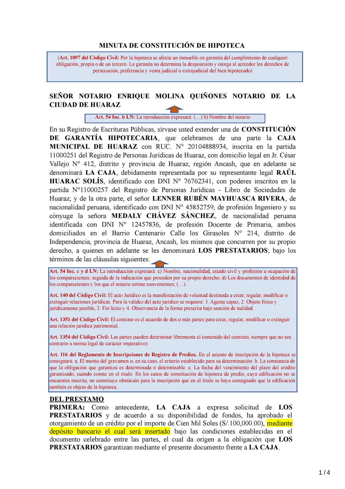 Elabotracion De La Minuta Para La Constitución De Hipoteca Minuta De ConstituciÓn De Hipoteca 1040