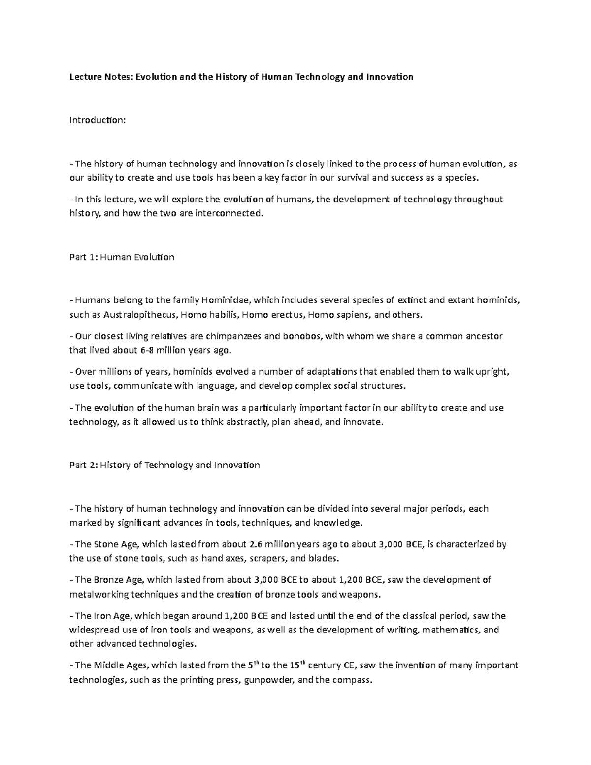 Lecture Notes: Evolution and the History of Human Technology and ...