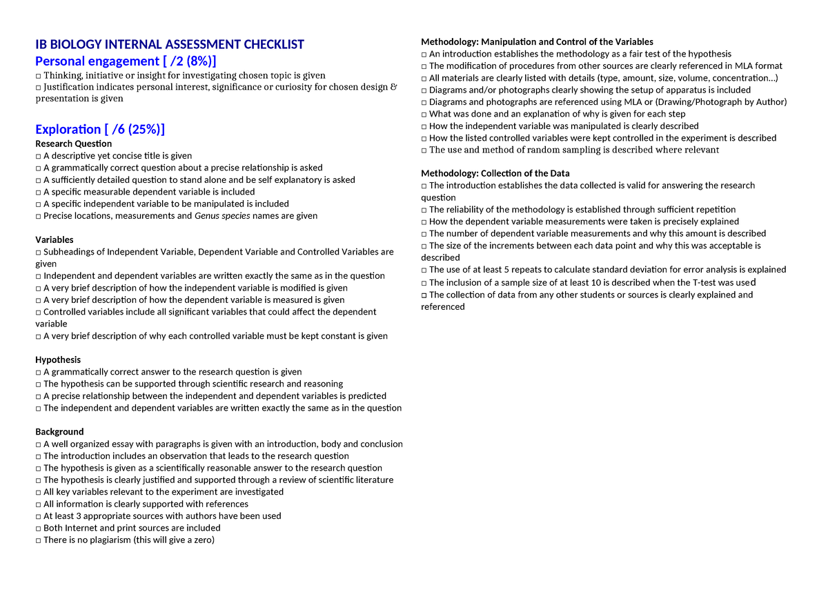 IA Checklist - For Practice - IB BIOLOGY INTERNAL ASSESSMENT CHECKLIST ...