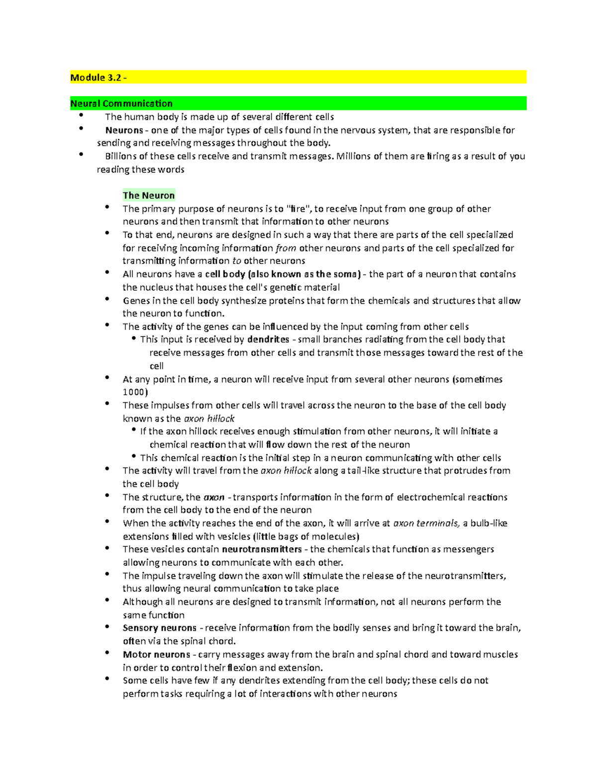 Chapter 3 - psych 1000 - Module 3 - Neural Communication - Studocu