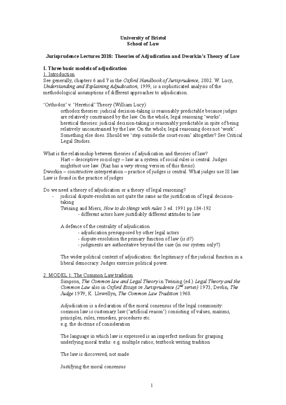 Theories of Adjudication Three basic models of adjudication 1