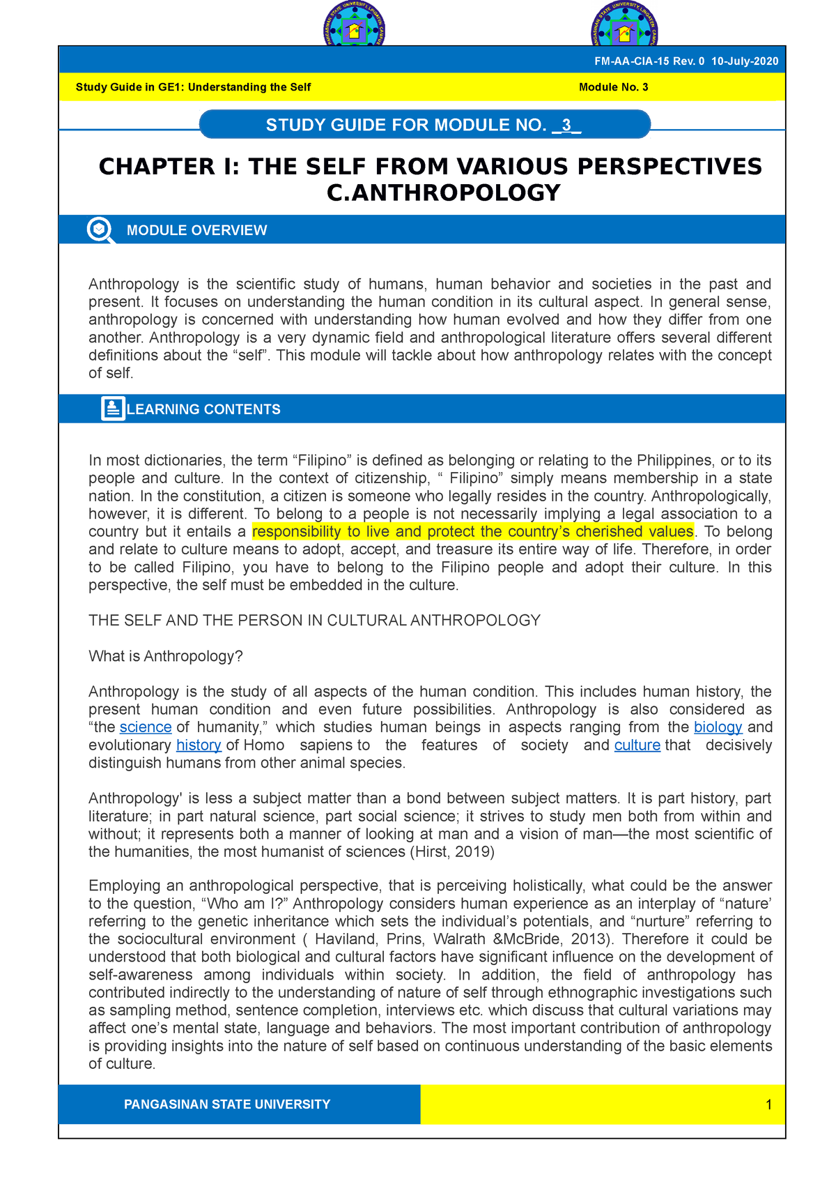 GE1 Module 3 - Anthropology (reviewer) - CHAPTER I: THE SELF FROM ...