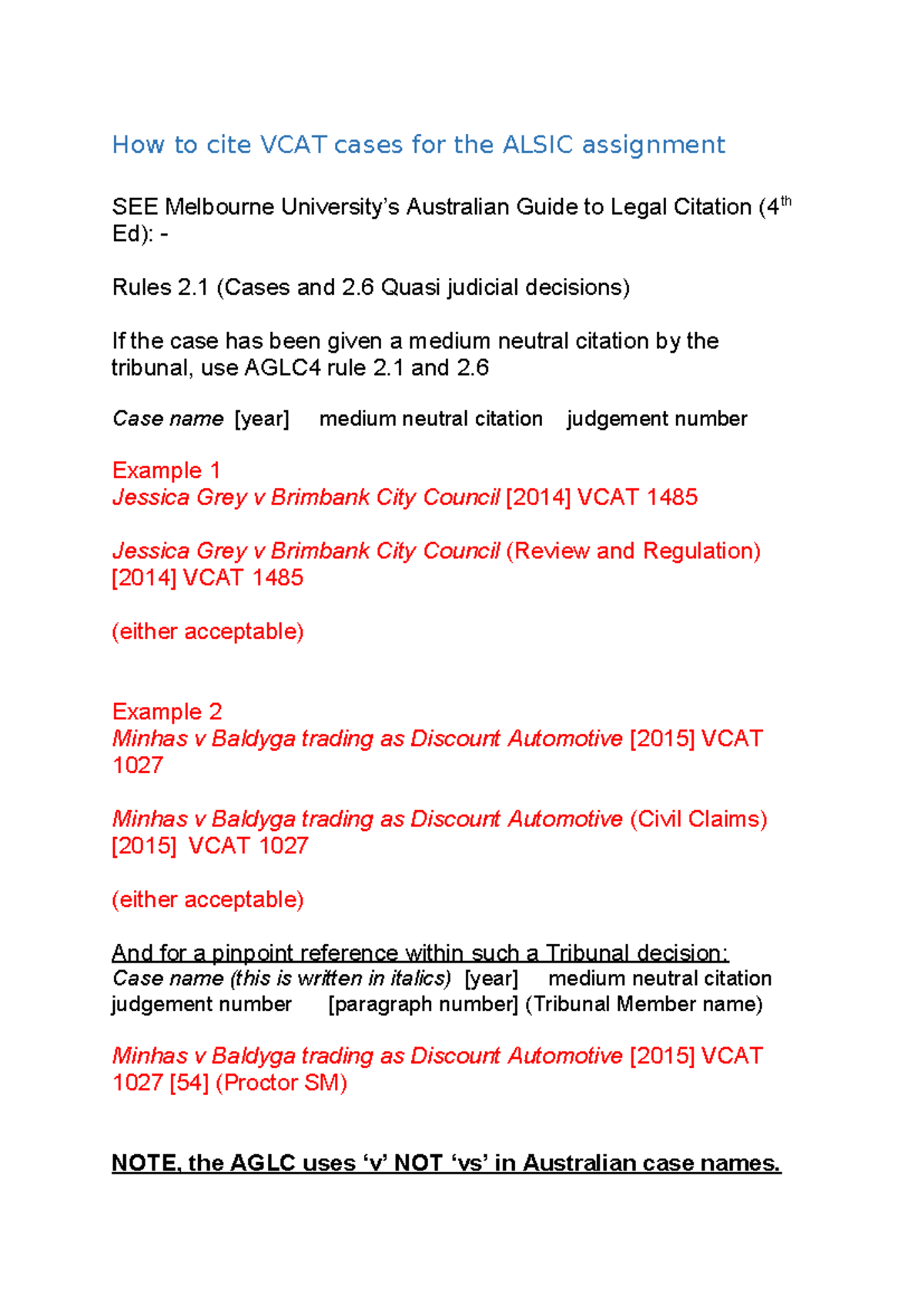 How to cite VCAT cases for the Alsic assignment 1 - How to cite VCAT ...
