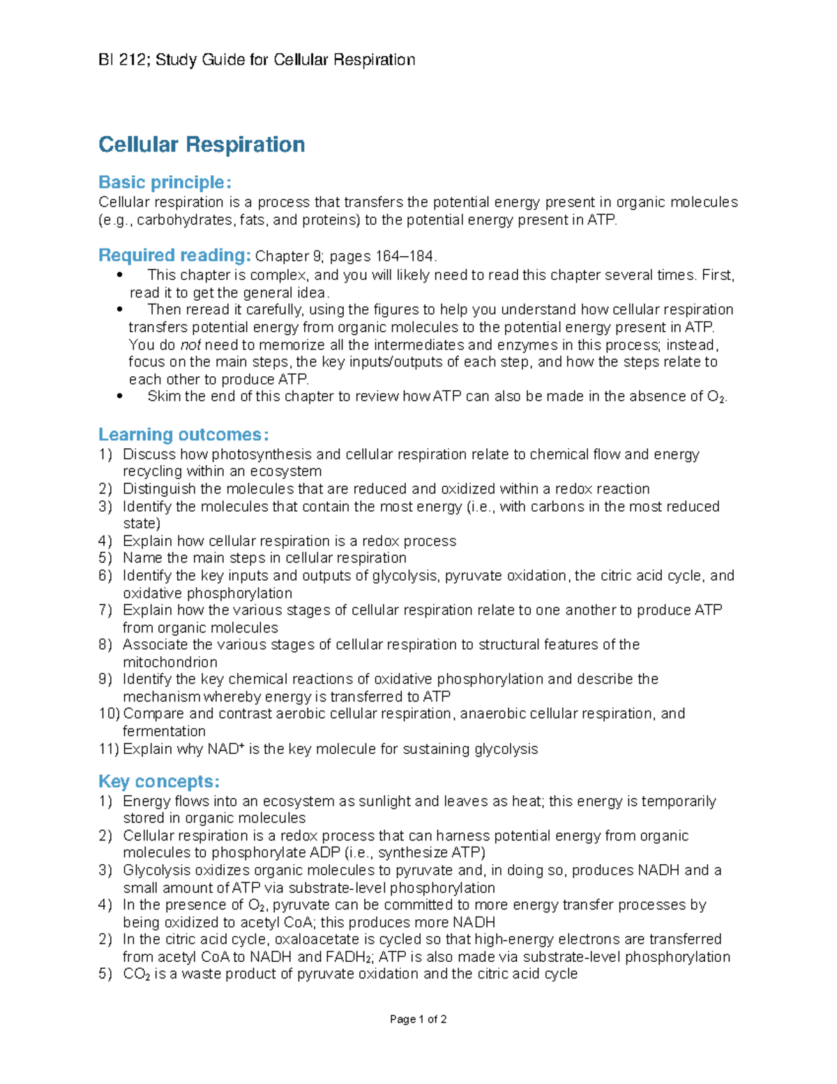 09 Cell respiration guide - BI 212; Study Guide for Cellular ...