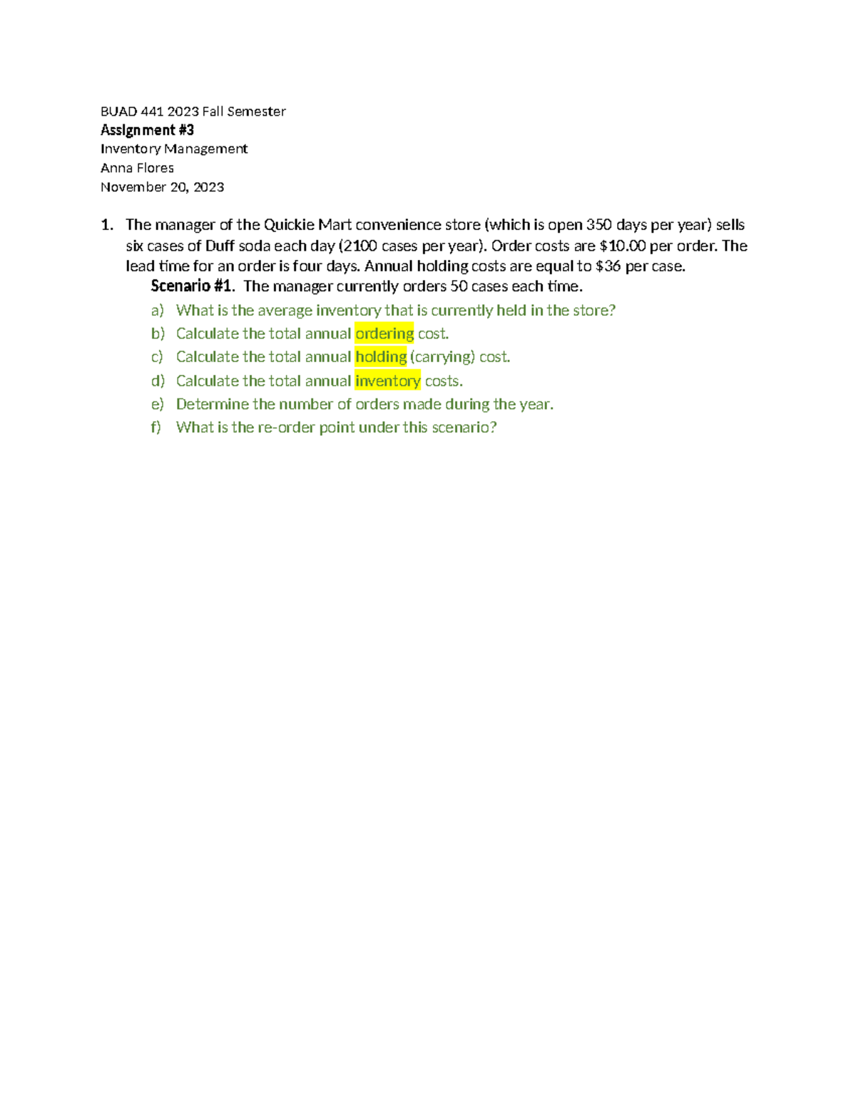 F23 Assignment 3 Inventory Management - BUAD 441 2023 Fall Semester ...