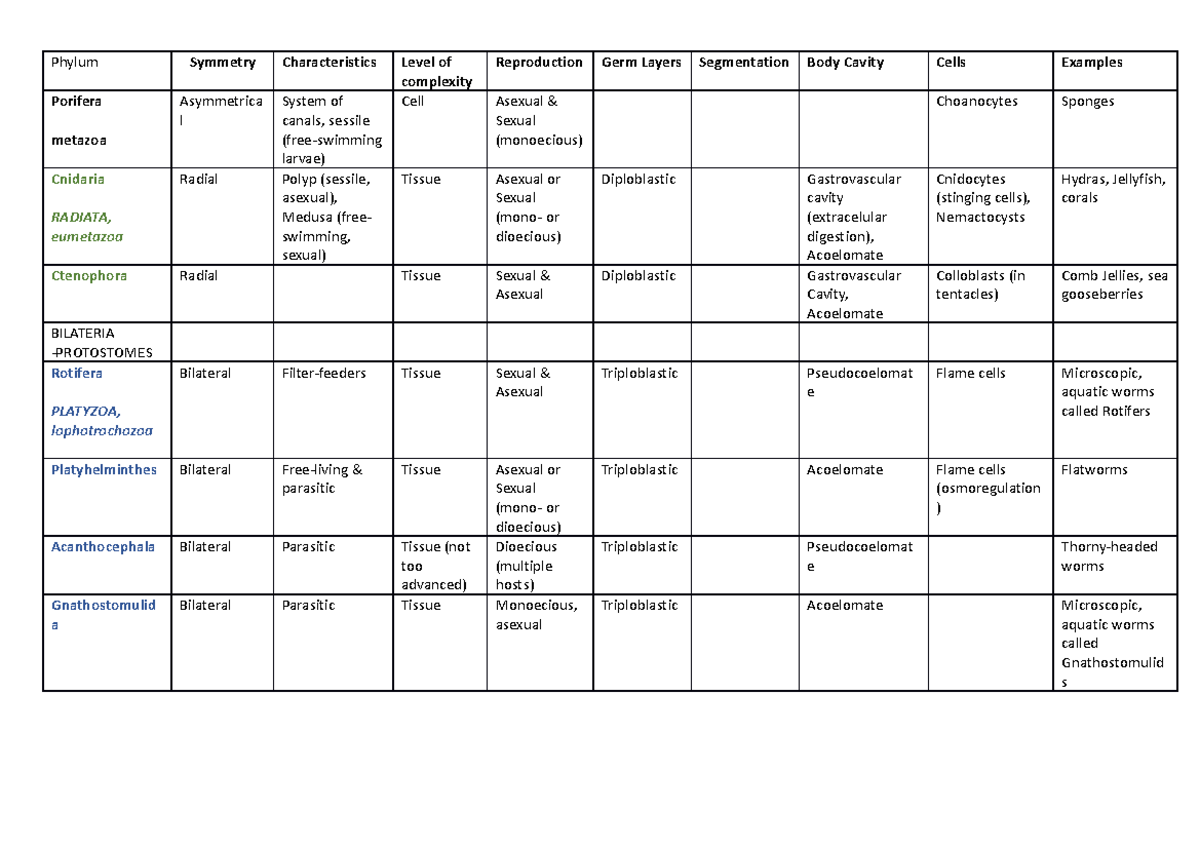 Phyla list - Phylum Symmetry Characteristics Level of complexity ...