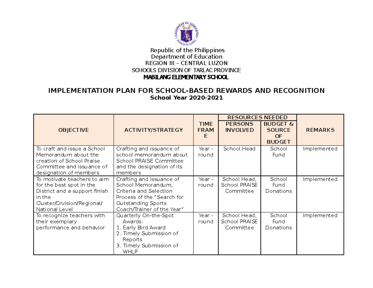 Rewards AND Recognition PLAN - Republic of the Philippines Department ...