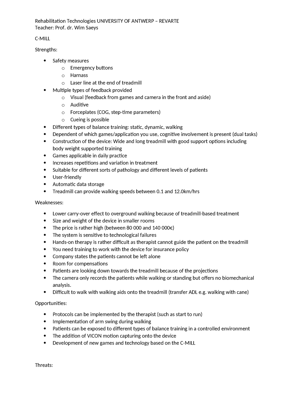 SWOT Cmill - SWOT analyse - Rehabilitation Technologies UNIVERSITY OF ...