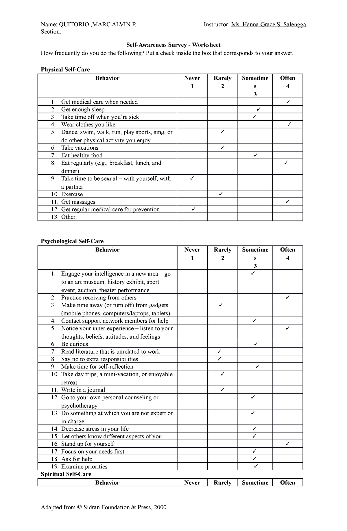 PSY100 Self-Awareness Survey (20230831120550) - Name: QUITORIO ,MARC ...