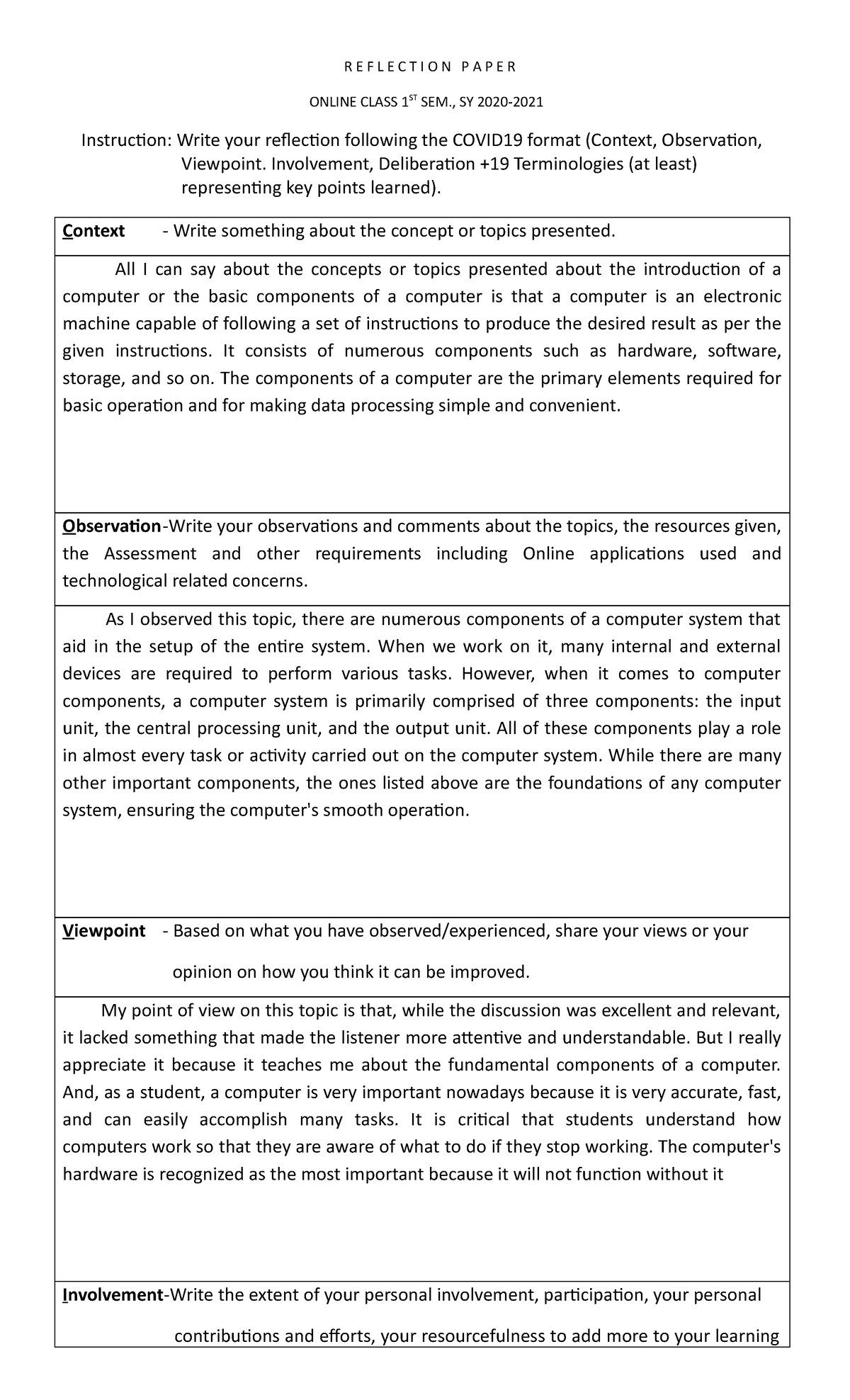 Reflection Template (1) - R E F L E C T I O N P A P E R ONLINE CLASS ...