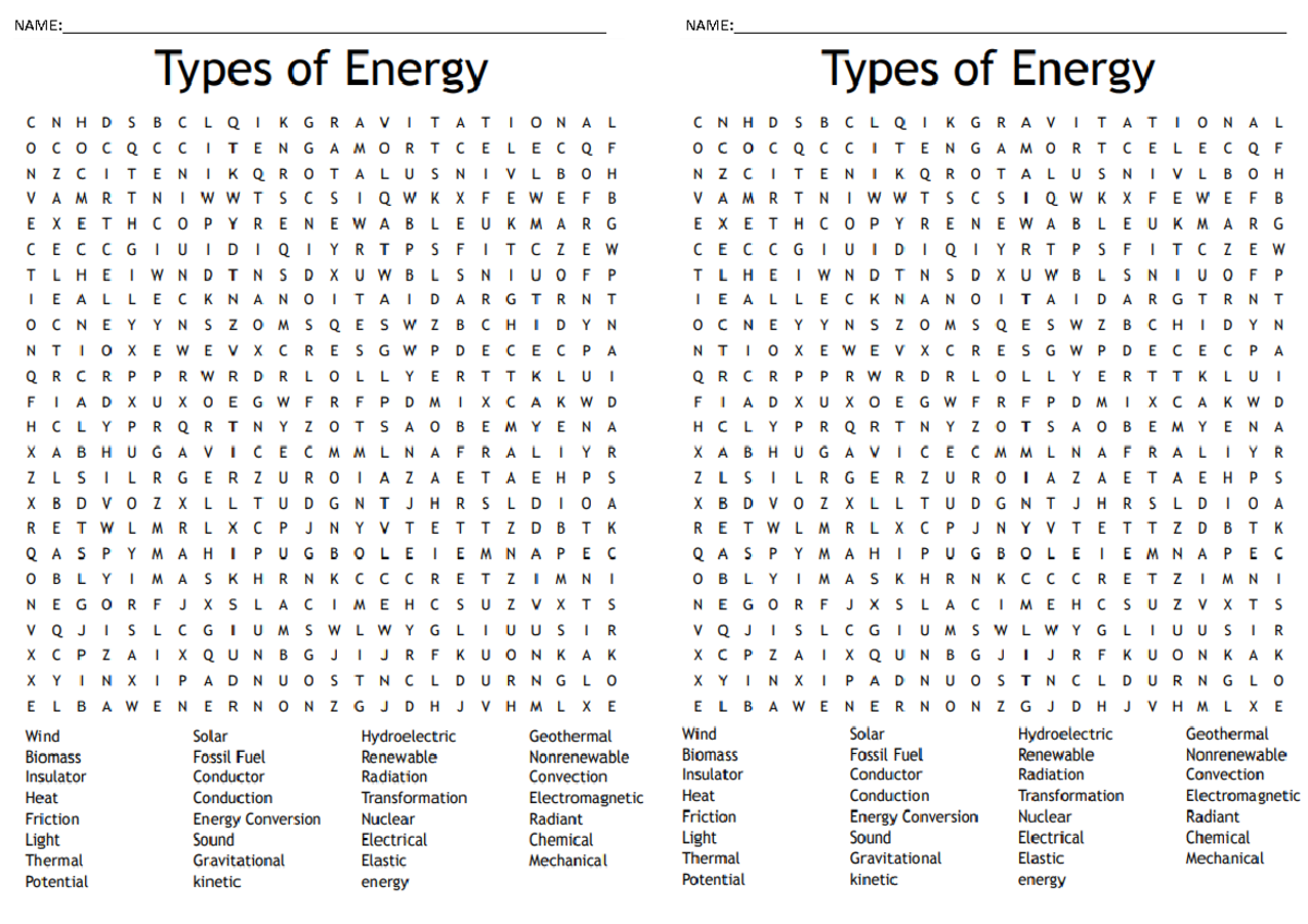 Word search (types of energy) - Bachelor of Elementary Education ...