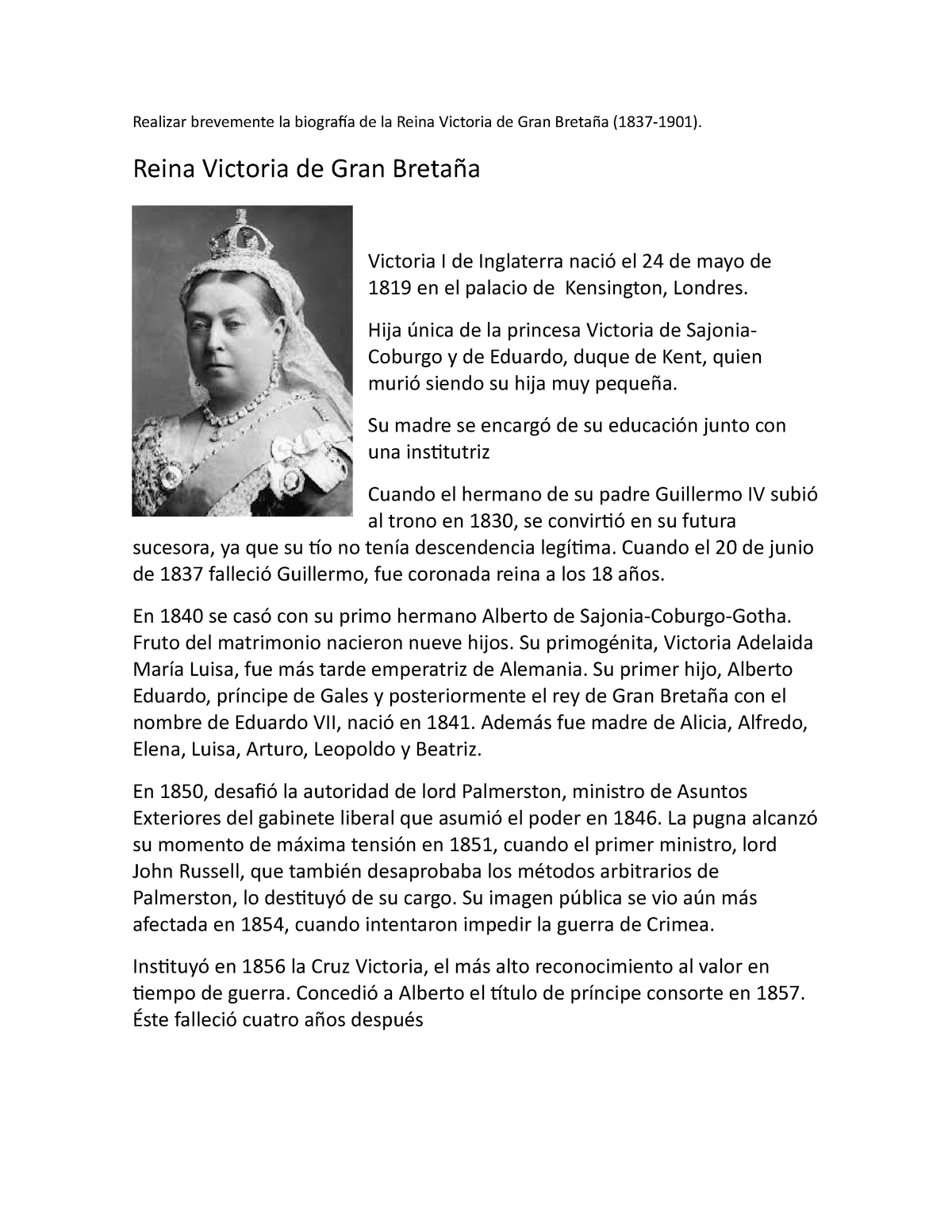 Biografía de la Reina Victoria de Gran Bretaña - Realizar brevemente la  biografía de la Reina - Studocu