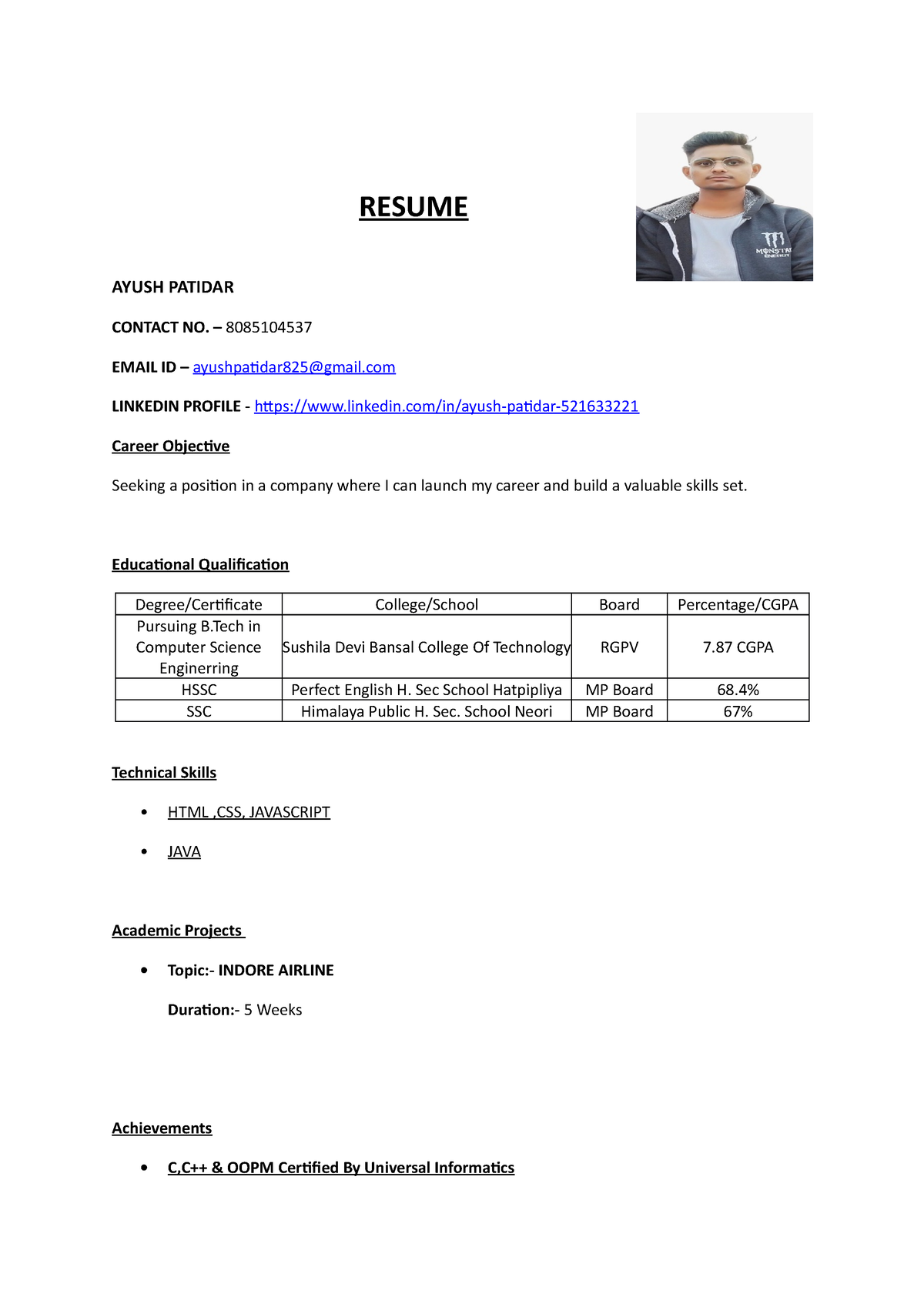 Ayush resume 4 - GOOD - RESUME AYUSH PATIDAR CONTACT NO. – 8085104537 ...