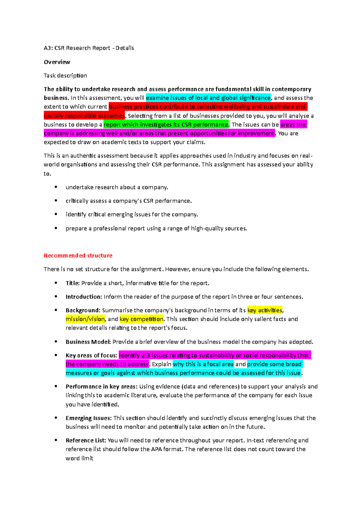 A3- Requirement - Assessment Description - A3: Csr Research Report 