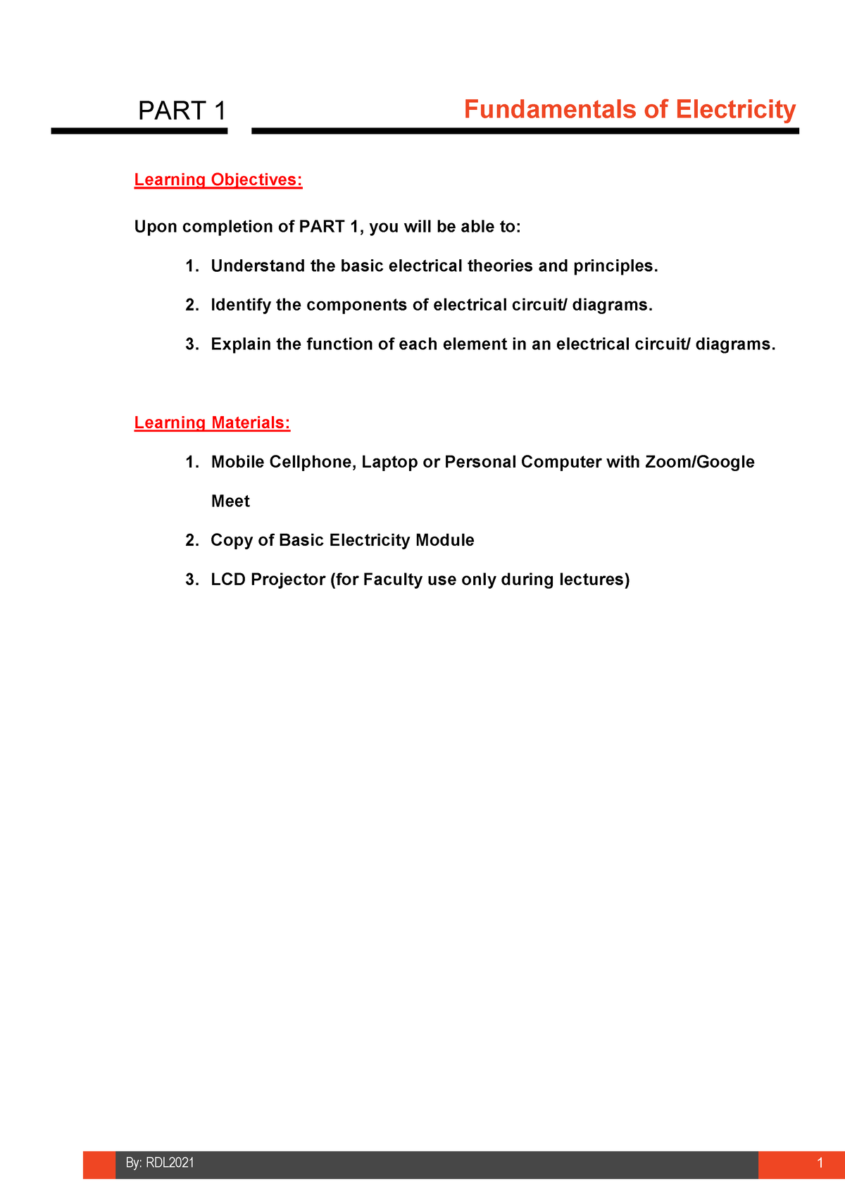 4 PART 1 Fundamentals Of Electricity - PART 1 Learning Objectives: Upon ...