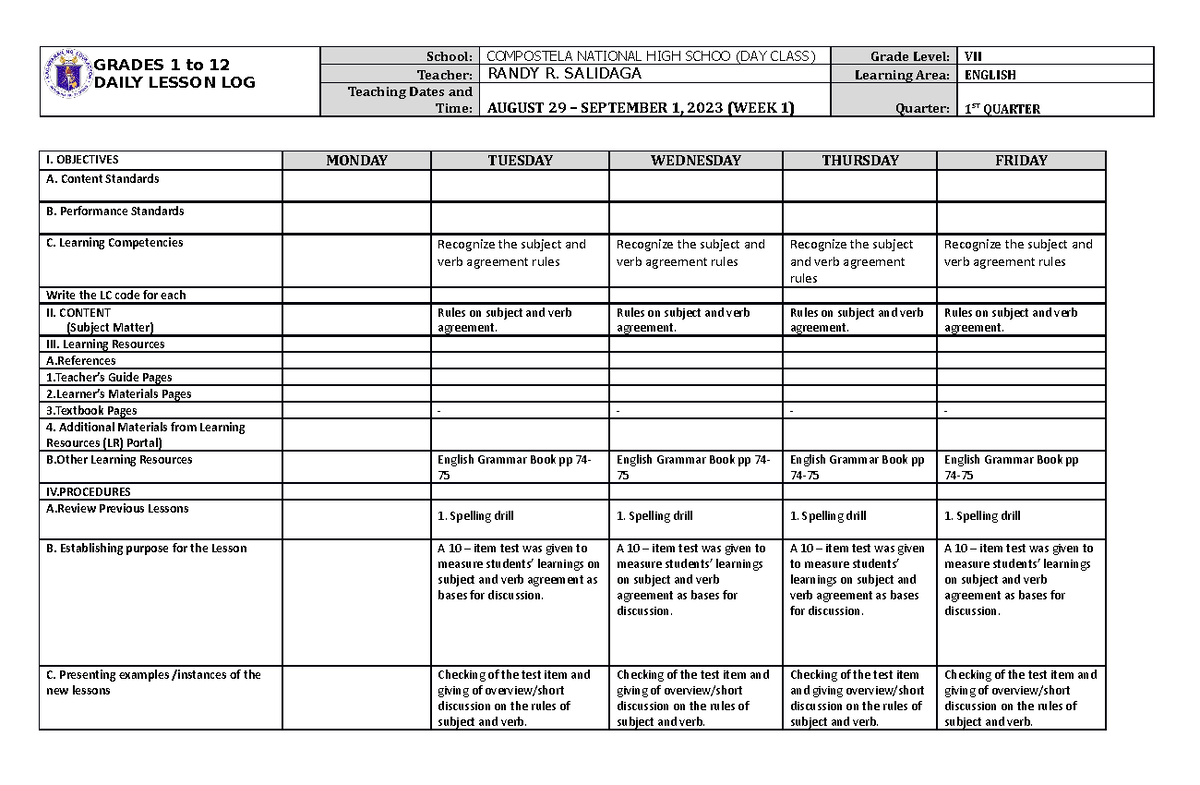 Analogy Week 1 - GRADES 1 to 12 DAILY LESSON LOG School: COMPOSTELA ...