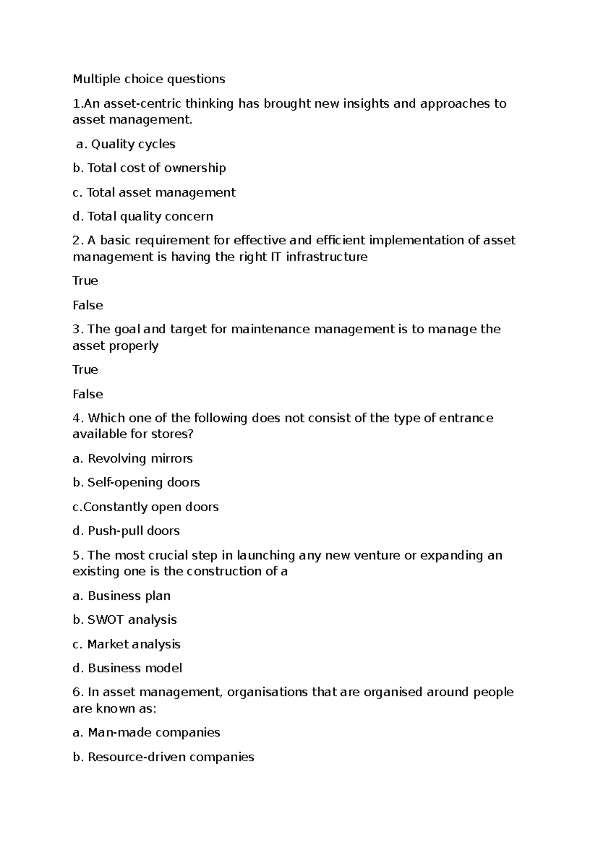 Document 2 - V helpful - Multiple choice questions 1 asset-centric ...