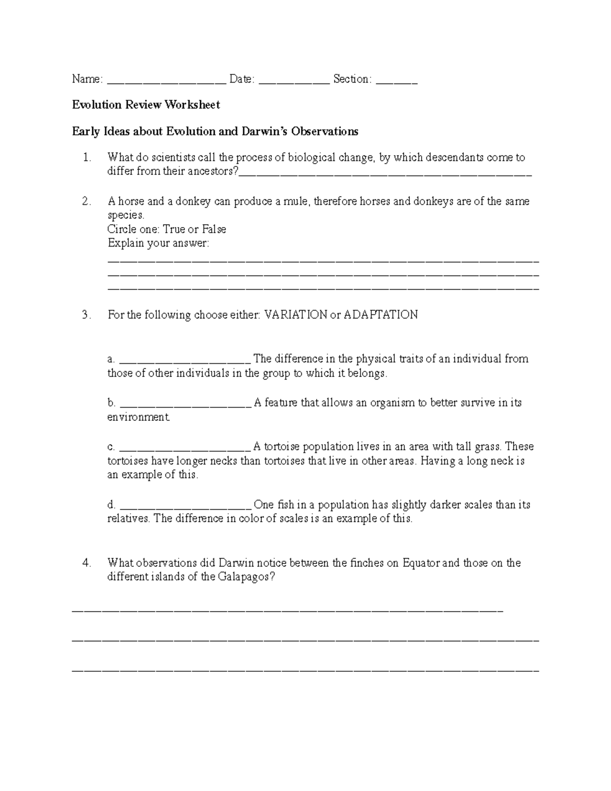 Evolution+Review+Worksheet Name ____________________ Date