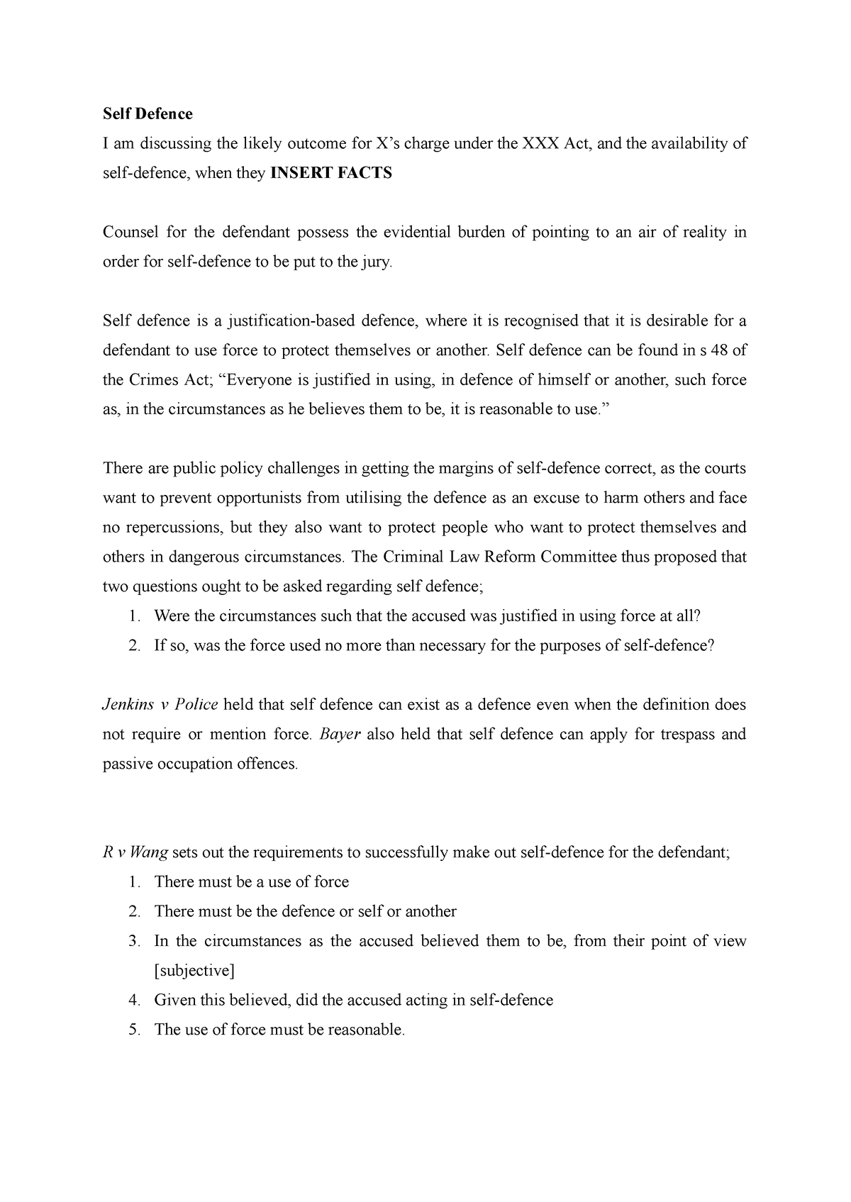 self defence evaluation essay