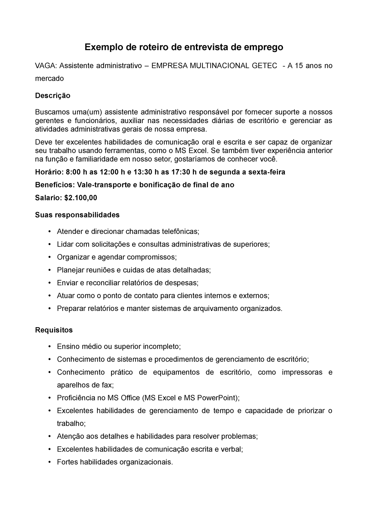 Exemplo De Entrevista Exemplo De Roteiro De Entrevista De Emprego Vaga Assistente