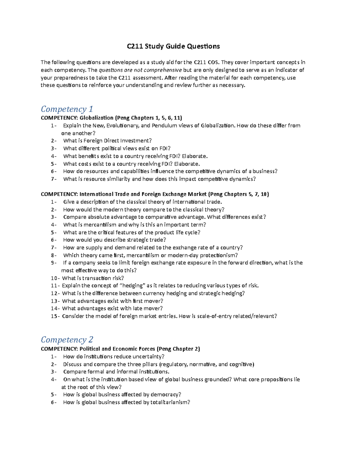 C211 Study Guide Questions They cover important concepts in each competency. The questions are