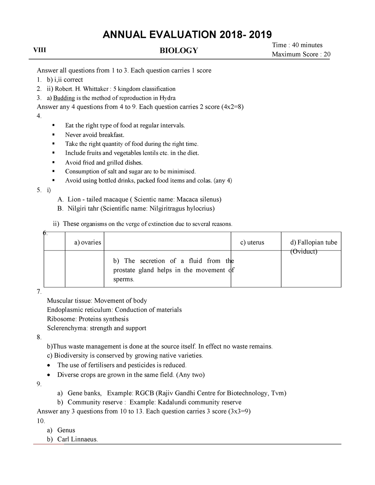 Biology (EM) Answer Key Kerala Class 8 Annual Exam March 2019 - ANNUAL ...