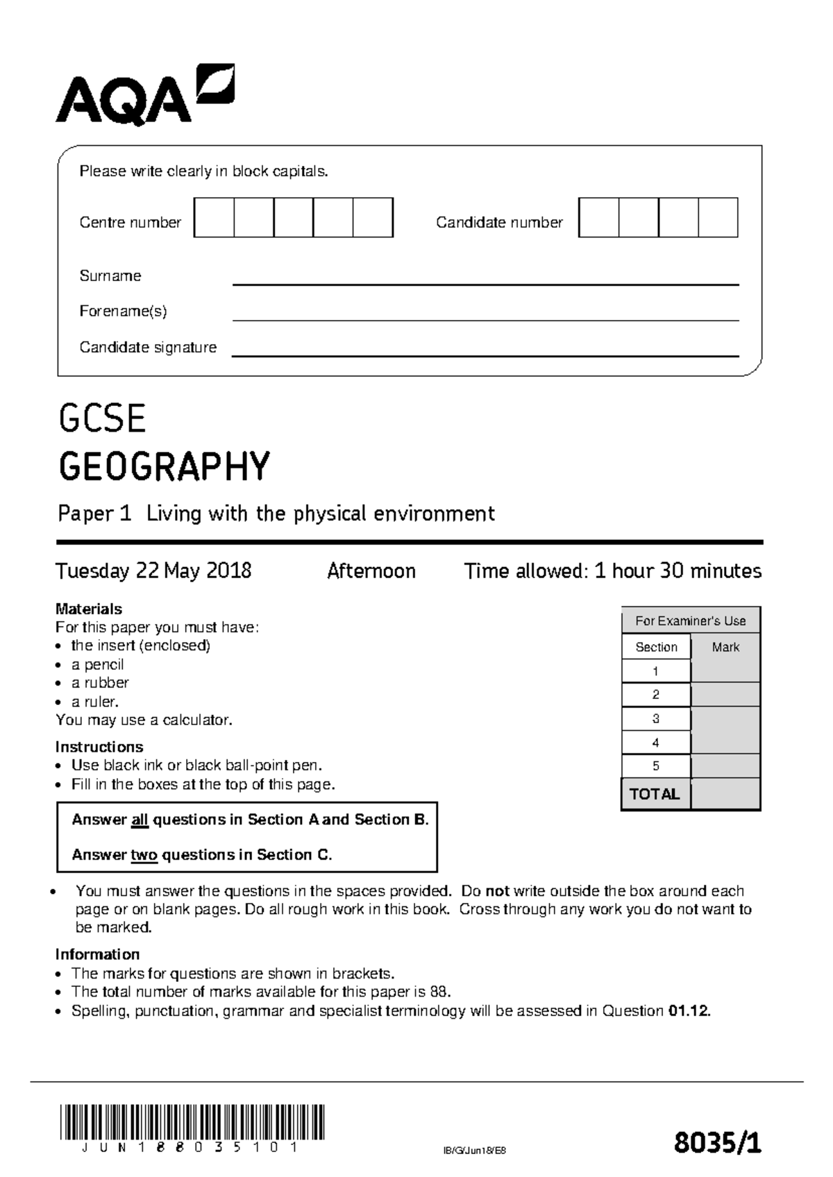 June 2018 Qp Paper 1 Aqa Geography Gcse Jun188035101 Ib G Jun18 E8