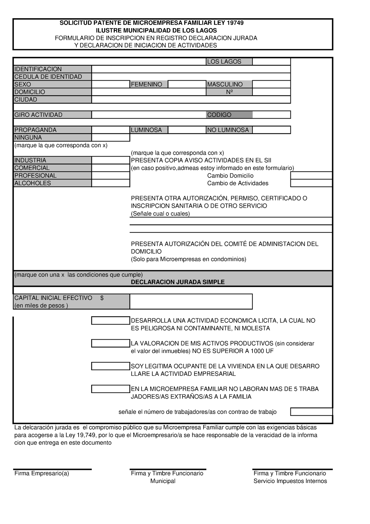 Formulario Solicitud De Patente Microempresa Familiar Ley