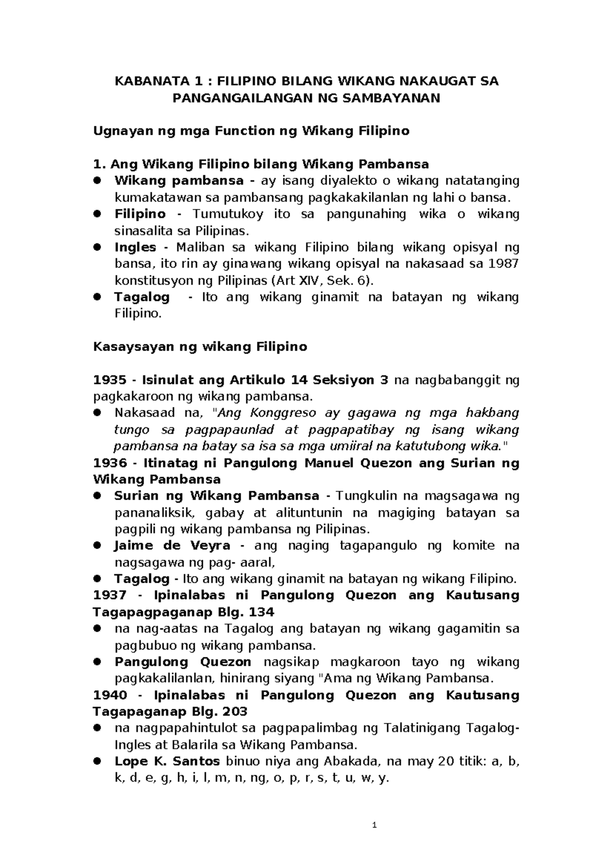 MODULE 1 FILDIS SUMMARY.docx - KABANATA 1 : FILIPINO BILANG WIKANG ...