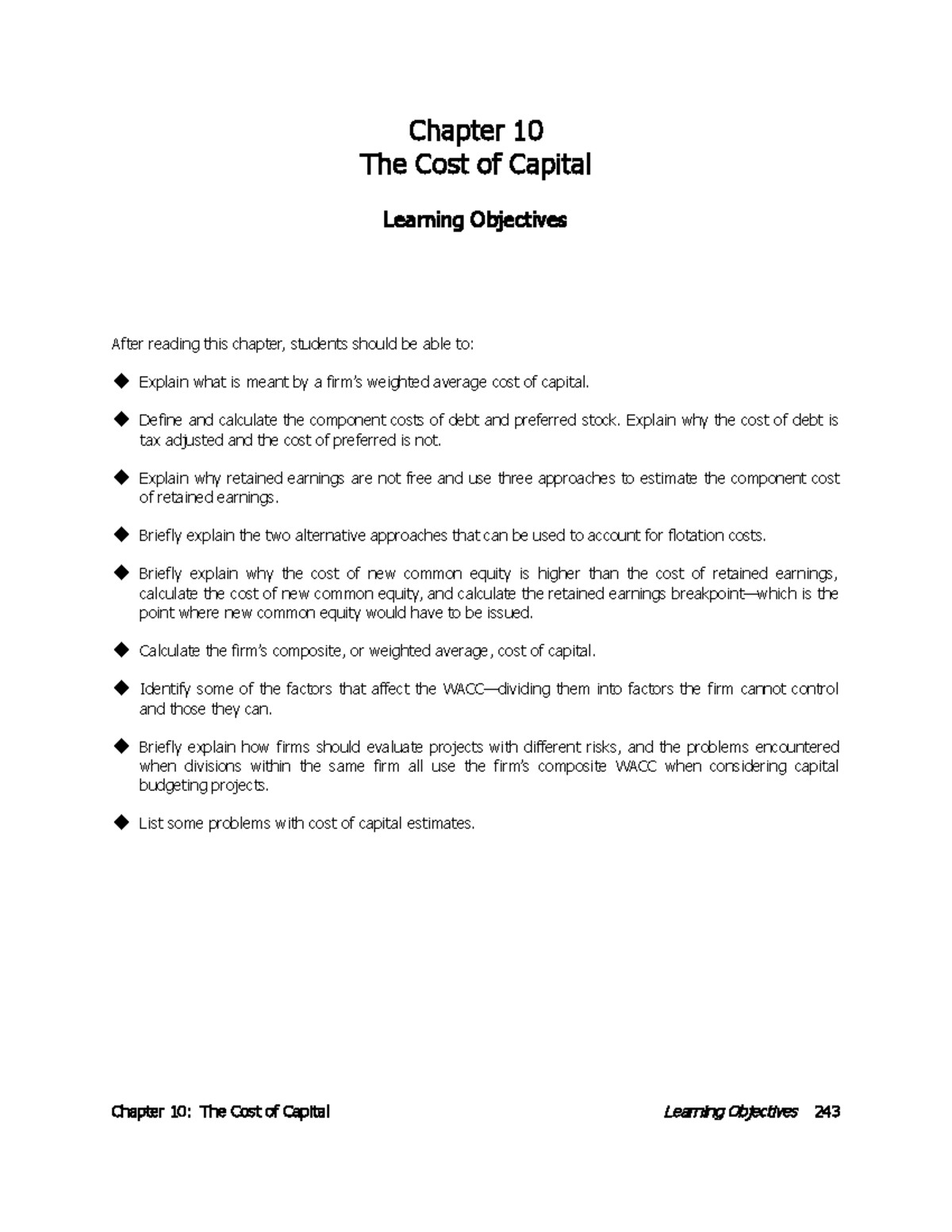 Chapter 10 - notes - Chapter 10 The Cost of Capital Learning Objectives ...