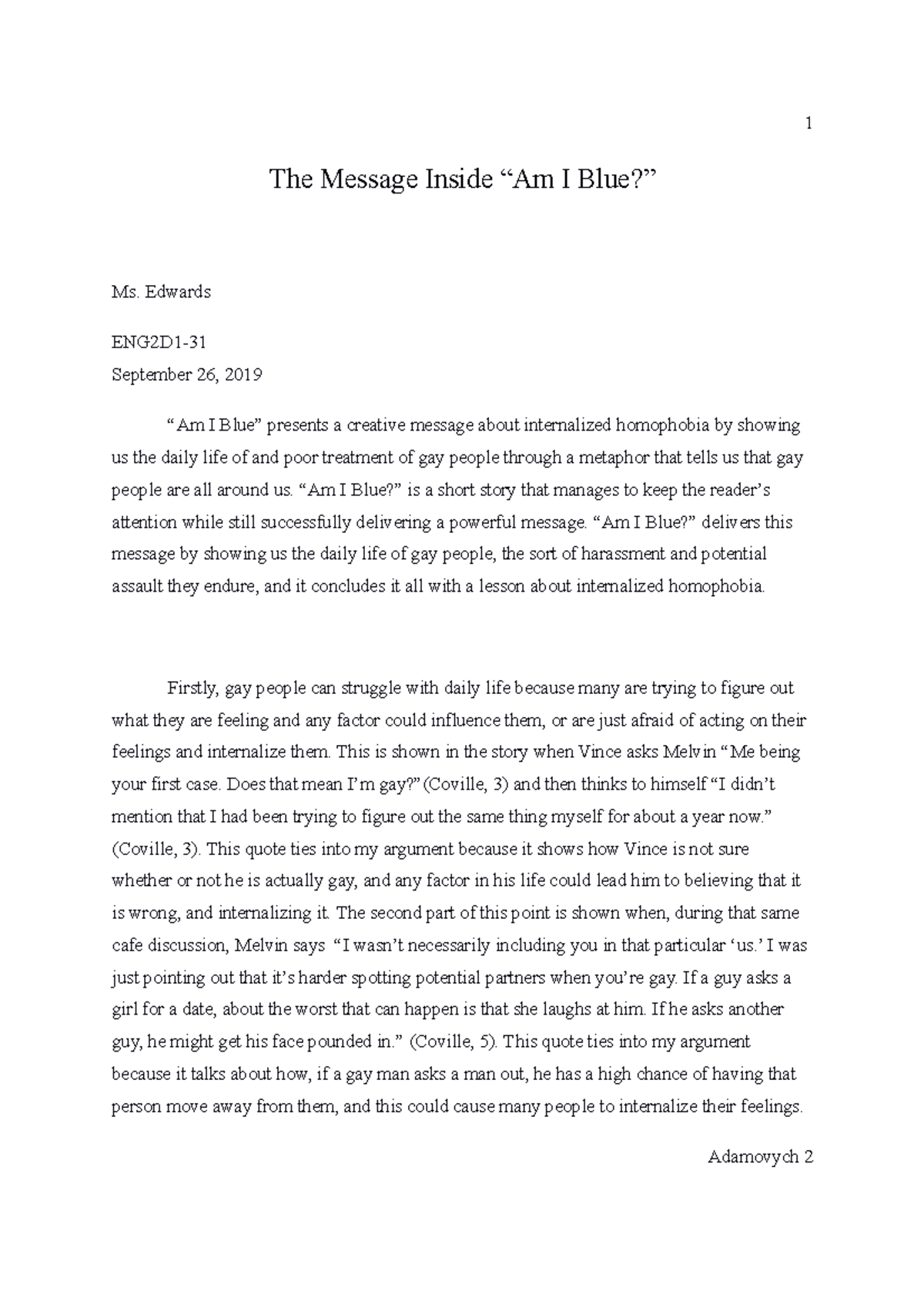 The Message Inside Am I Blue 1 The Message Inside “Am I Blue?” Ms. Edwards ENG2D1 September