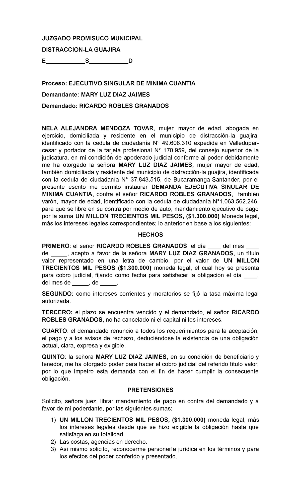 Demanda de apuntes - JUZGADO PROMISUCO MUNICIPAL DISTRACCION-LA GUAJIRA ...