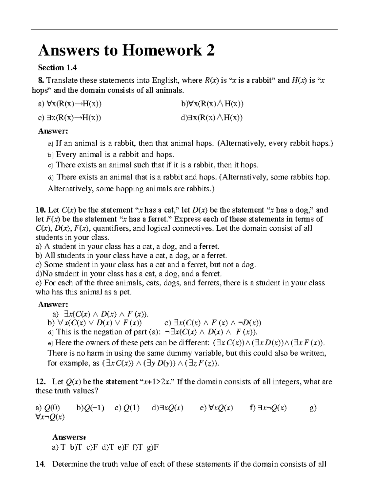 Discrete Mathematics Chap1 Exercise 2 Quiz Answers To Homework 2 