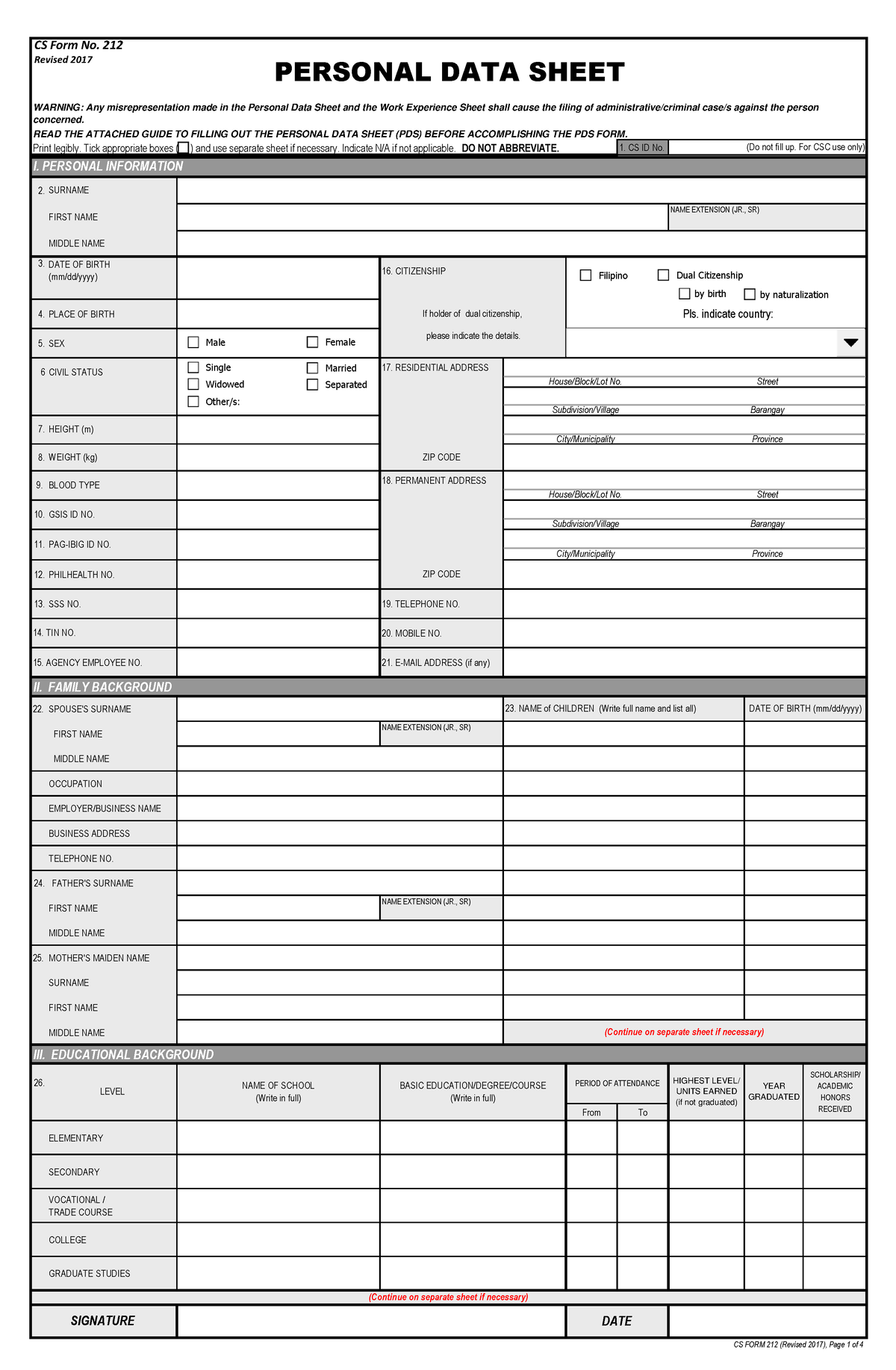 PDS FORM - For assignment purposes only - Print legibly. Tick ...