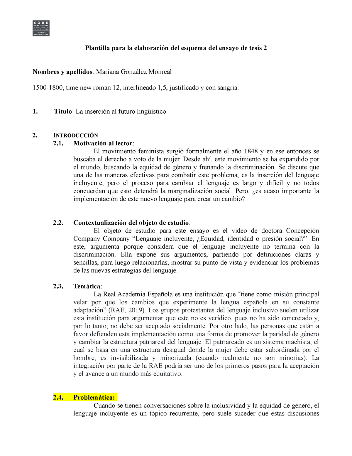 Plantilla Esquema Ensayo Plantilla Para La Elaboraci N Del Esquema Del Ensayo De Tesis