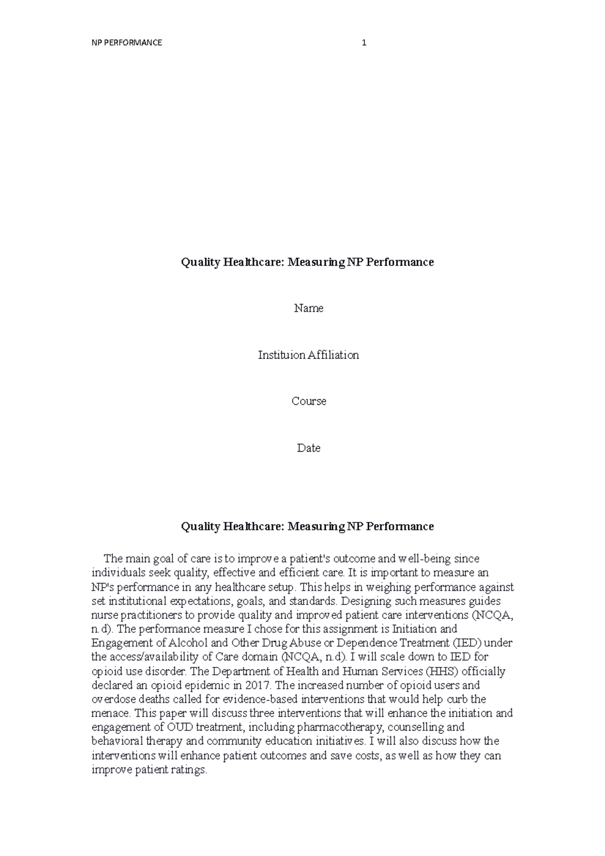 Quality Healthcare Measuring NP Performance Performance3 NR506