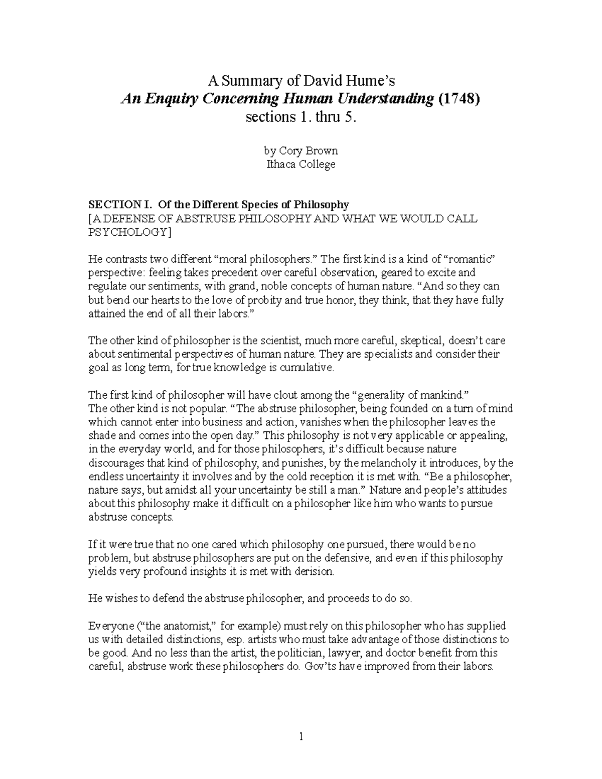 Hume A Summary of David An Enquiry Concerning Human Understanding