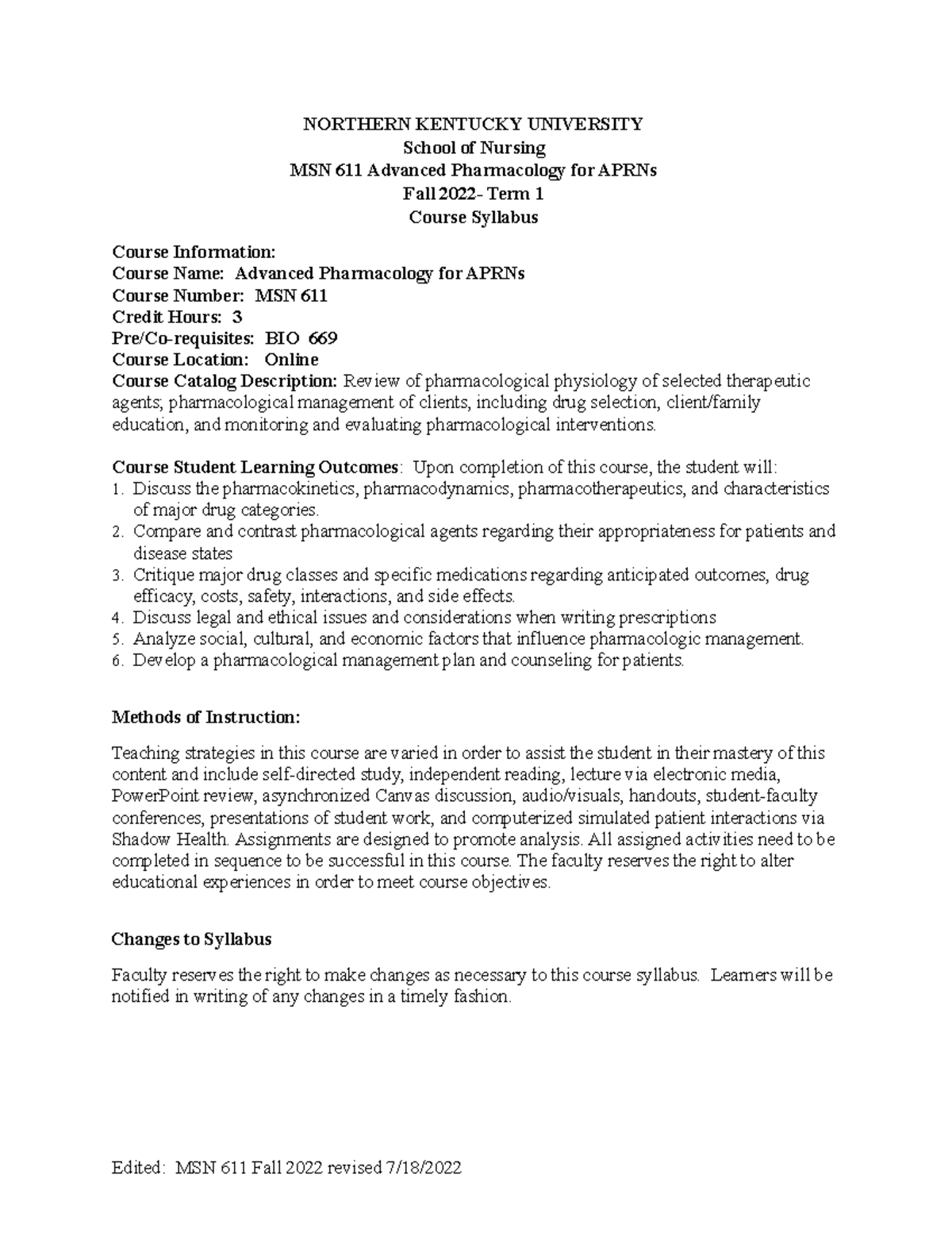 MSN 611 - Syllabus Summer 2022 - Session May 13 2022 (1) - NORTHERN ...