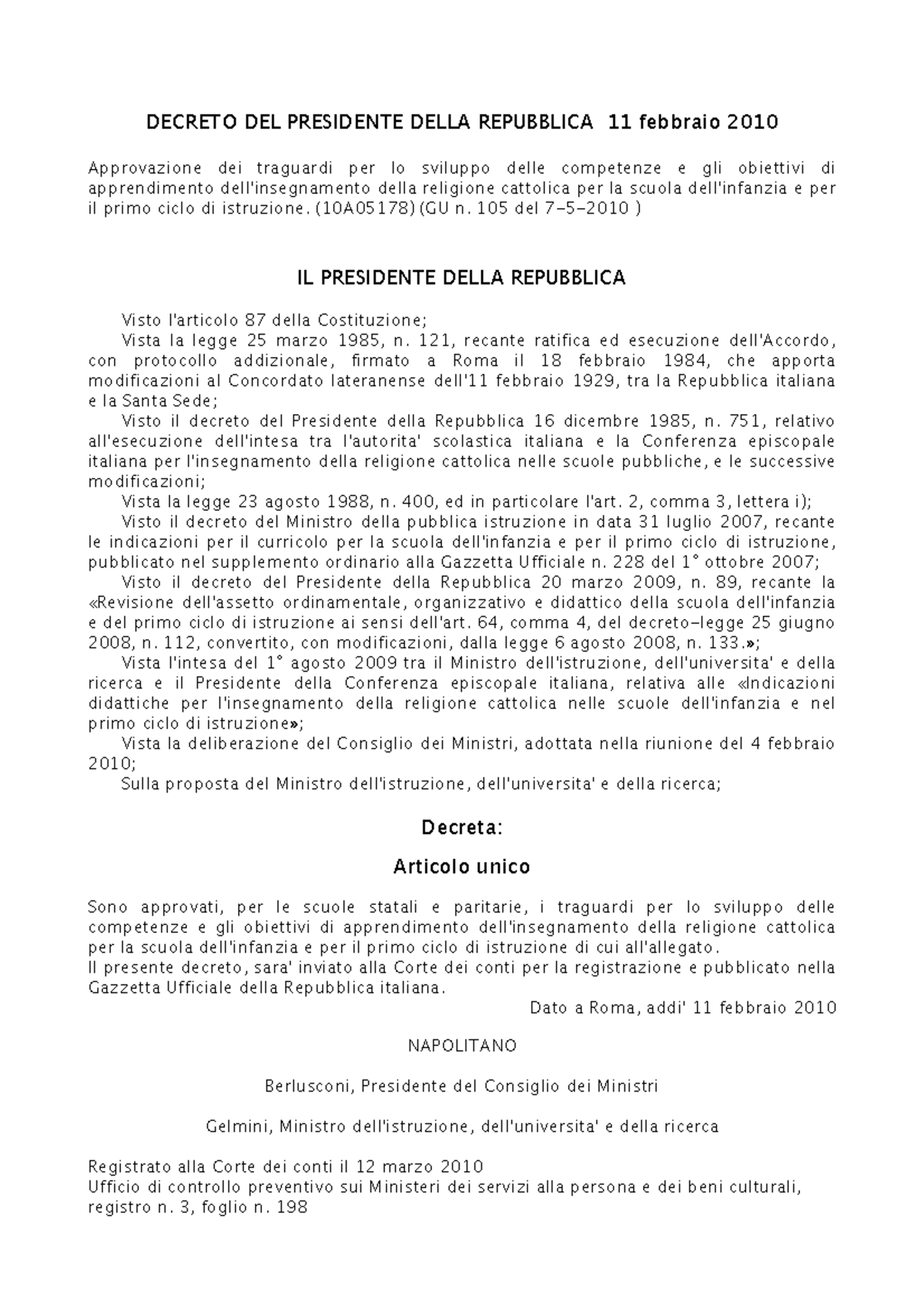 DPR 11 febbraio 2010 Infanzia e Primo Ciclo DECRETO DEL PRESIDENTE