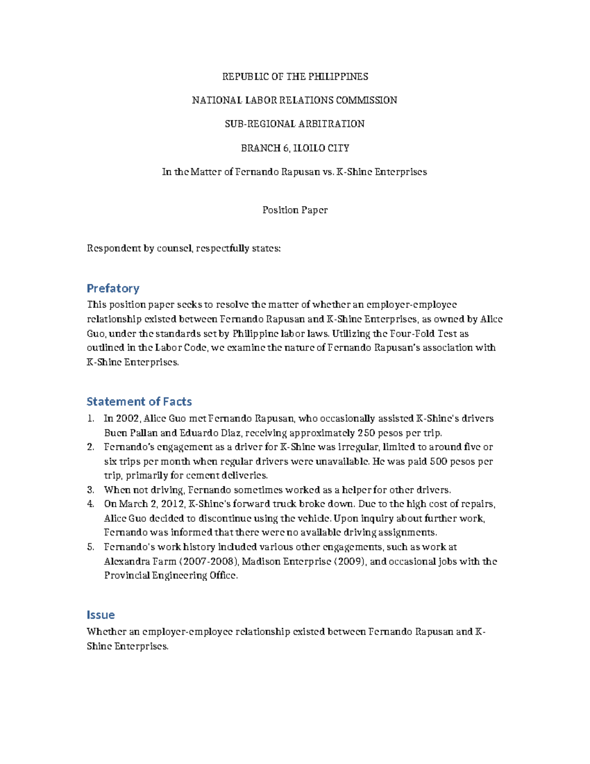 Position Paper Fernando Rapusan vs K Shine Enterprises - REPUBLIC OF ...