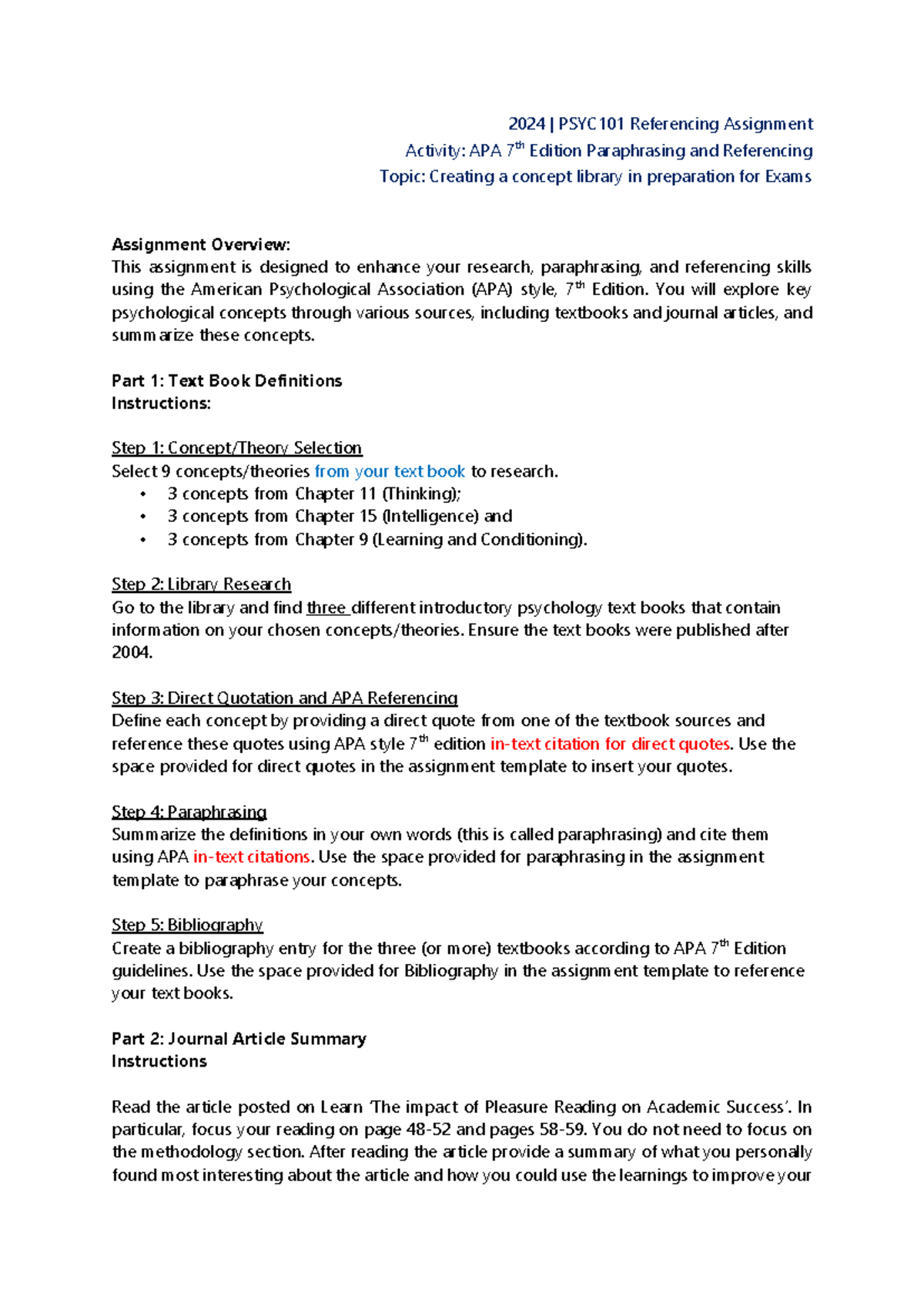 Referencing Assignment Instructions - 2024 | PSYC101 Referencing ...