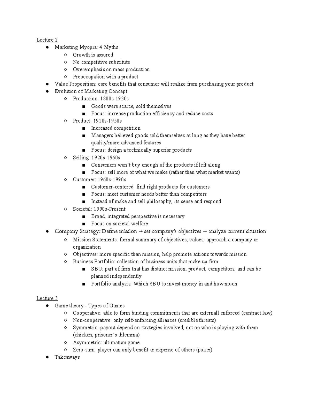 Marketing Notes - Lecture 2 Marketing Myopia: 4 Myths Growth is assured ...