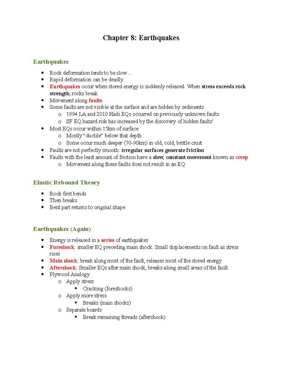 Chapter 8 Earthquakes Study - Chapter 8: Earthquakes Earthquakes Rock ...