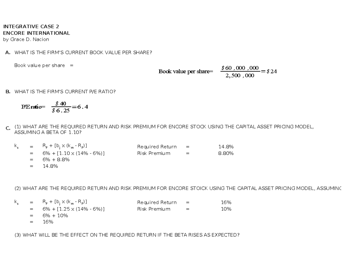 Integrative CASE 2 Encore International - Answer - INTEGRATIVE CASE 2 ...
