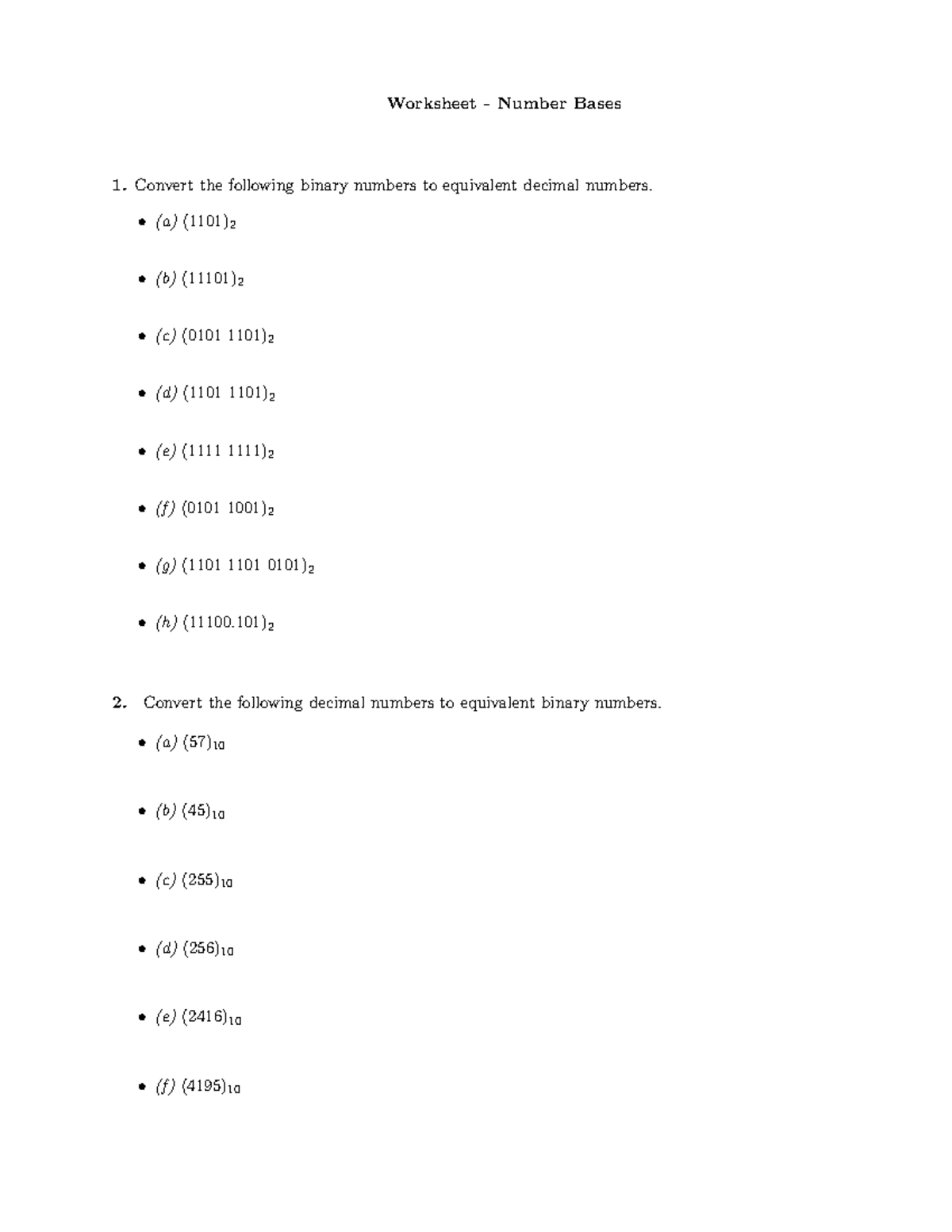 Baseworksheet-numbersystems - Worksheet - Number Bases • (a) (1101) 1 ...