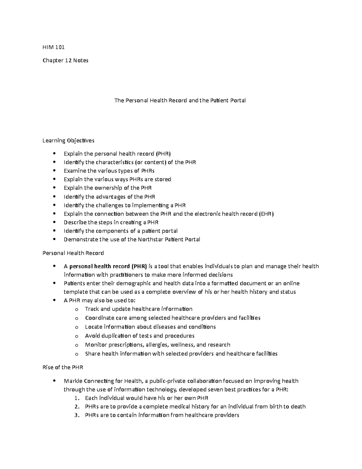 HIM 101 - Chap 12 Notes - HIM 101 Chapter 12 Notes The Personal Health ...