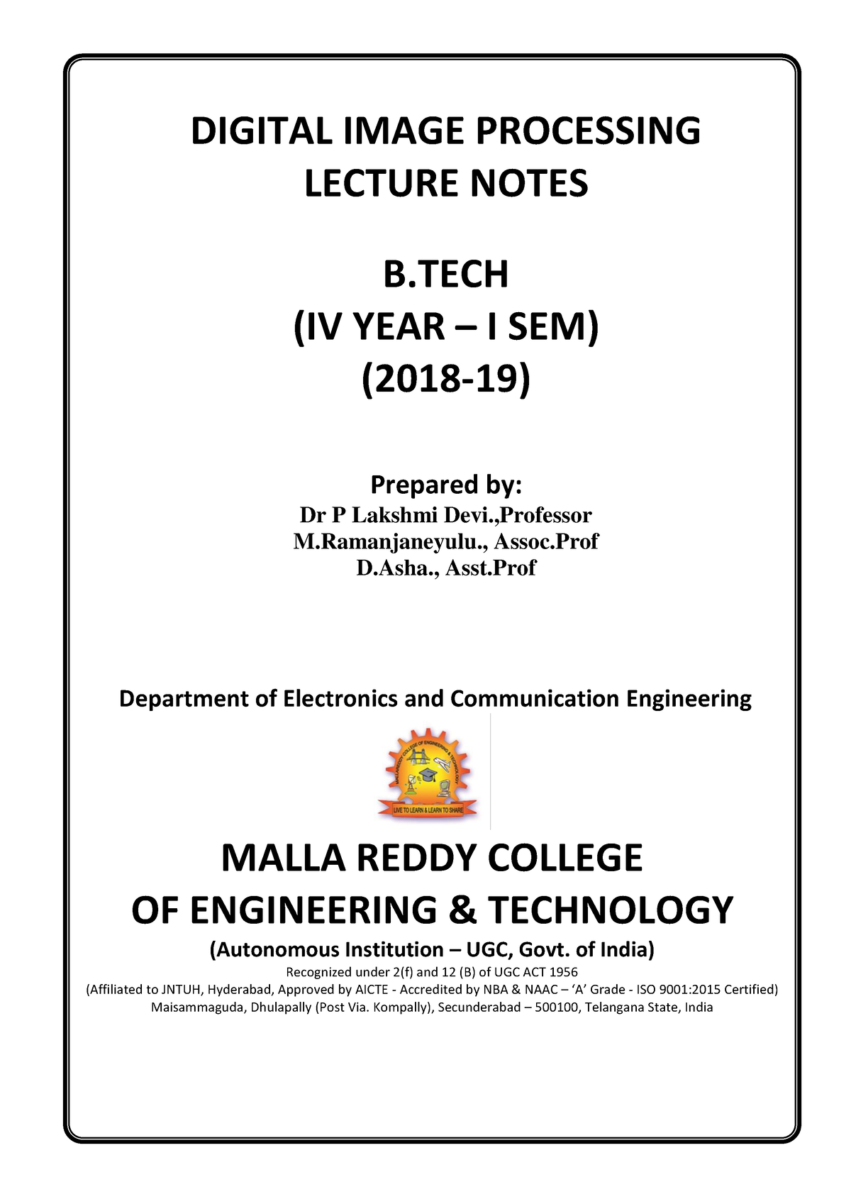 6.Digital Image Processing - DIGITAL IMAGE PROCESSING LECTURE NOTES B ...