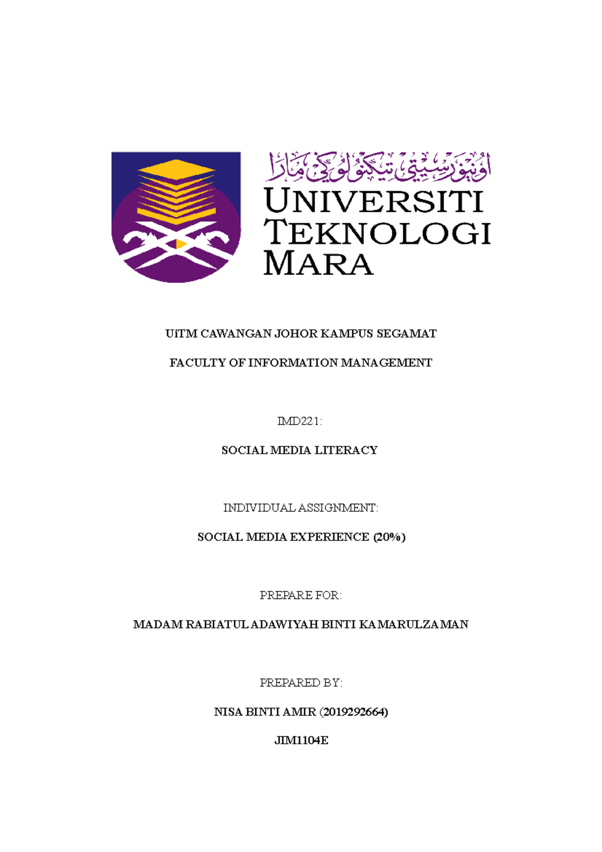 Imd221 (sm Experiences) For Technology. - Uitm Cawangan Johor Kampus 