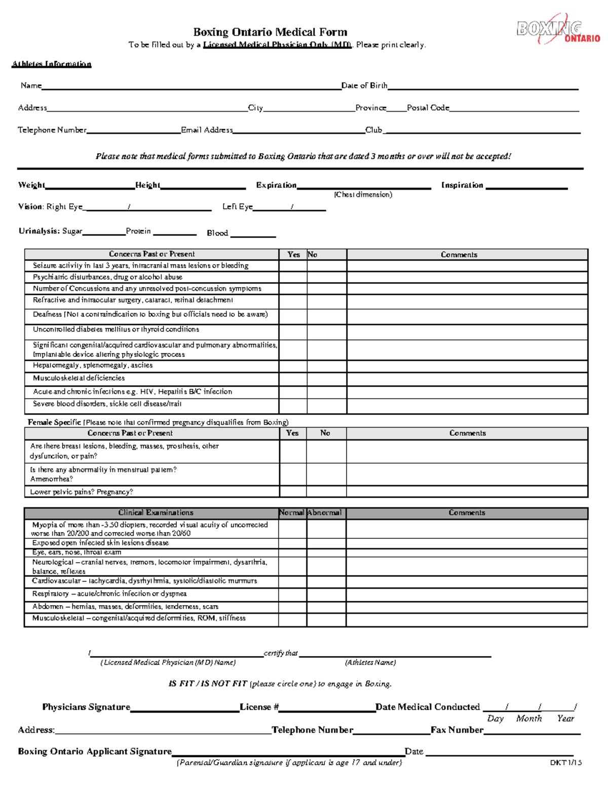 Med form - Med form - Athletes Information Boxing Ontario Medical Form ...